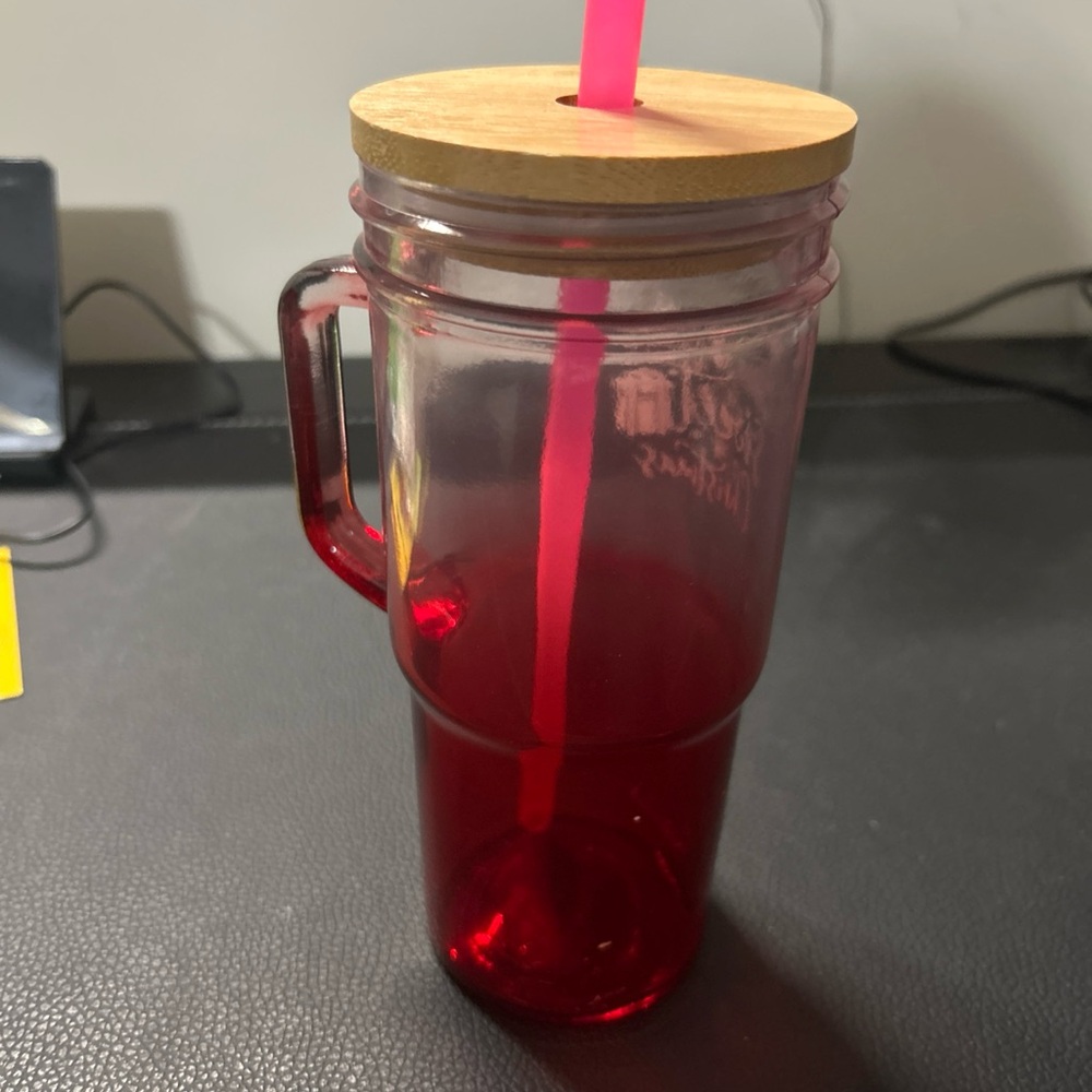 Red Glass Mason Jar with Wooden Lid and Pink Straw